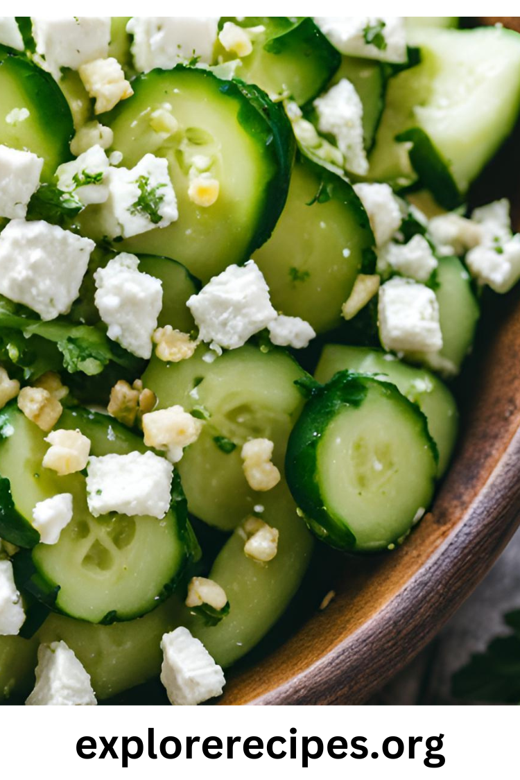 "Fresh cucumber feta salad with lemon Greek vinaigrette, garnished with red onions, olives, and fresh herbs, served in a bowl for a light and healthy meal