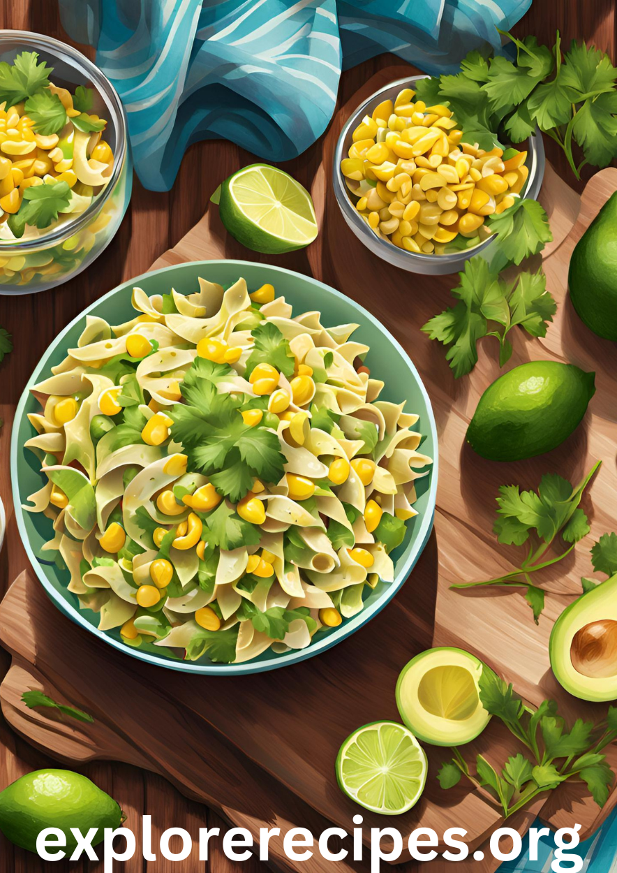 Fresh ingredients for cilantro lime pasta salad: ripe avocado, sweet corn, pasta, cilantro, and lime ready to be combined."