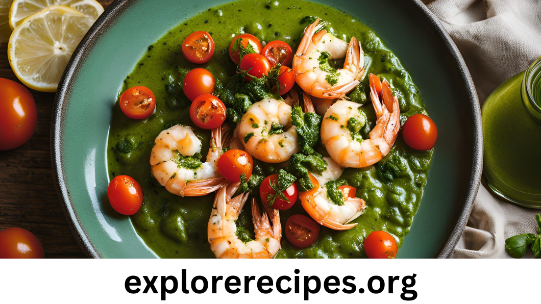 A plate of chimichurri shrimp with tomatoes, garnished with fresh parsley and a squeeze of lemon, served on a white plate with a colorful burst of red tomatoes and vibrant green herbs.