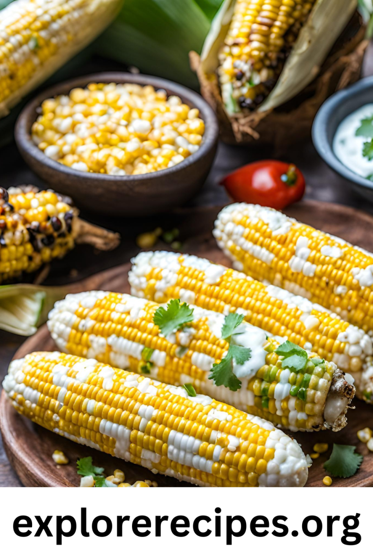 A serving of elote, Mexican street corn, prepared in the air fryer, topped with creamy mayonnaise, crumbled cotija cheese, chili powder, and a squeeze of lime, garnished with fresh cilantro.