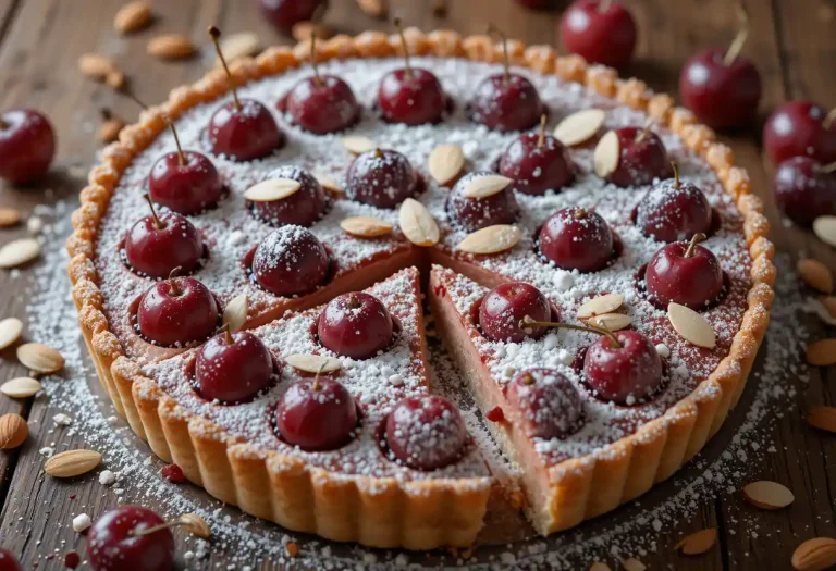 Freshly baked cherry almond tart with a golden crust, topped with glossy red cherries and slivered almonds, dusted with powdered sugar and styled on a rustic wooden table.