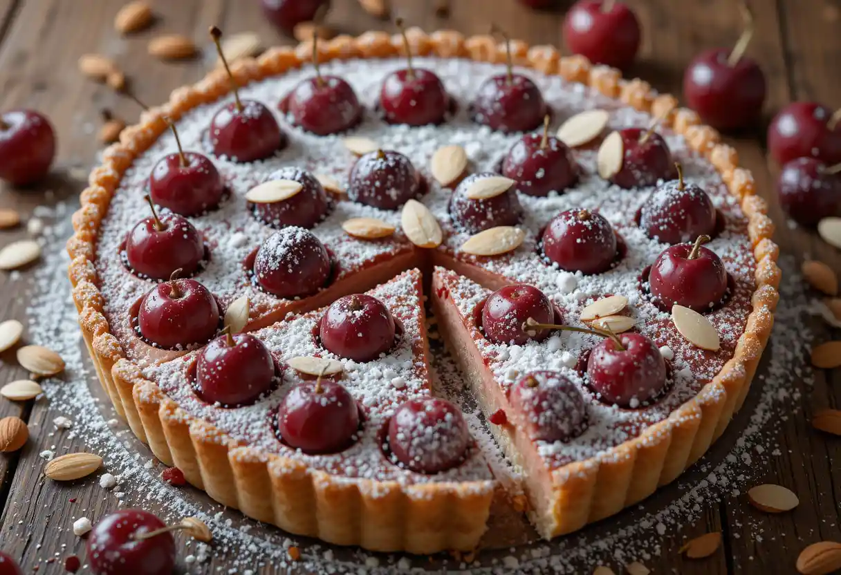 Freshly baked cherry almond tart with a golden crust, topped with glossy red cherries and slivered almonds, dusted with powdered sugar and styled on a rustic wooden table.