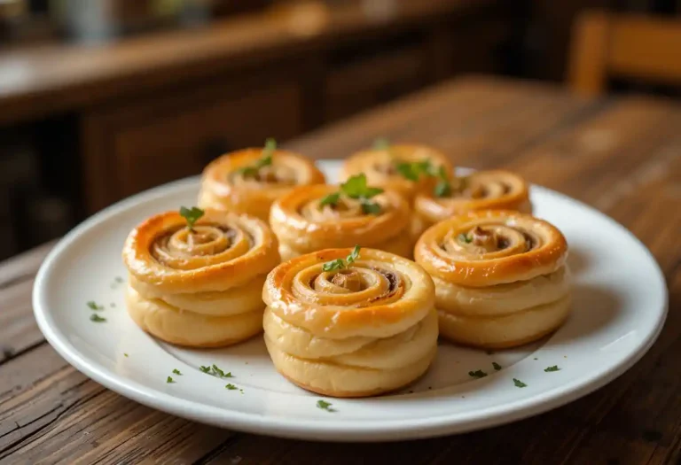"Golden-brown Mushroom Puff Pastry Pinwheels arranged elegantly on a white plate, garnished with fresh herbs, showcasing flaky layers of pastry and sautéed mushrooms. The dish exudes sophistication and indulgence, set against a rustic wooden table with soft lighting, creating a cozy and inviting atmosphere."