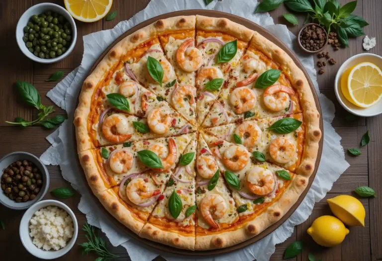 Top-down view of a freshly baked seafood pizza topped with shrimp, scallops, crab meat, red onions, mozzarella cheese, fresh basil, and lemon zest on a golden crispy crust, served on a rustic wooden table with small bowls of capers, chili flakes, and lemon wedges nearby.