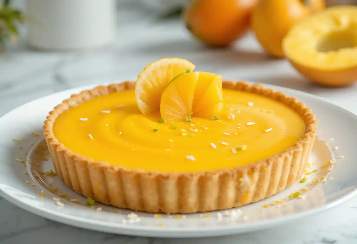 Alt Text: "A vibrant and mouthwatering tropical mango curd tart with a golden, flaky crust, filled with smooth, bright orange mango curd. The tart is topped with fresh mango slices, lime zest, and toasted coconut flakes, beautifully displayed on a white porcelain plate. The background is a soft blur, emphasizing the colorful and refreshing dessert."