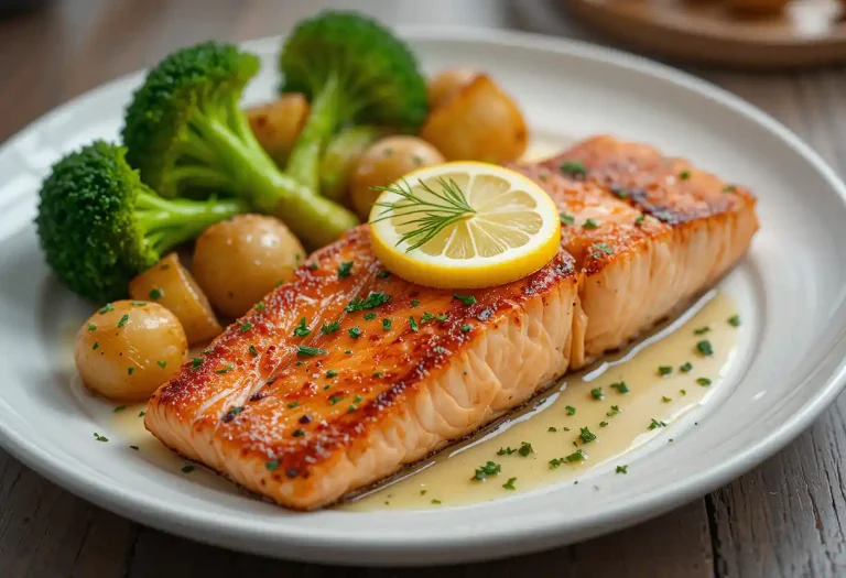 "A beautifully plated meal of crispy golden salmon fillet, roasted baby potatoes, and tender broccoli florets, garnished with fresh lemon slices and herbs, showcasing a healthy and flavorful dinner."