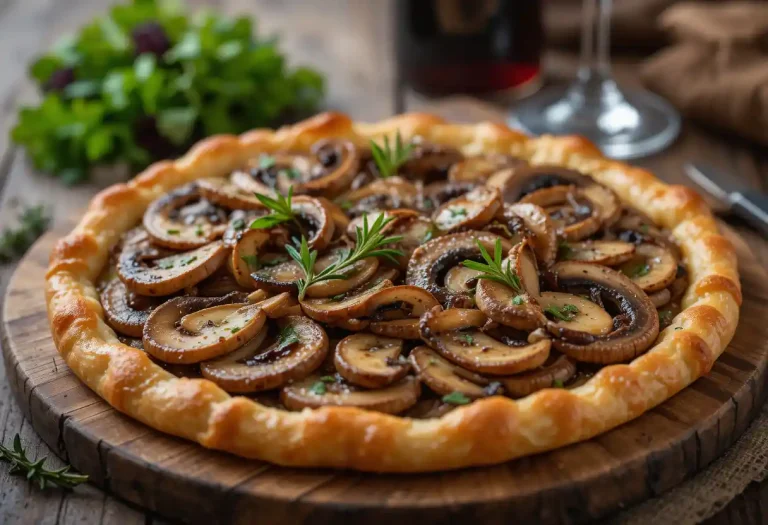"Elegant thin mushroom tart with crispy puff pastry, sautéed mushrooms, creamy cheese filling, fresh thyme, and rosemary, garnished with balsamic glaze, set on a rustic wooden table with greens and red wine in the background."