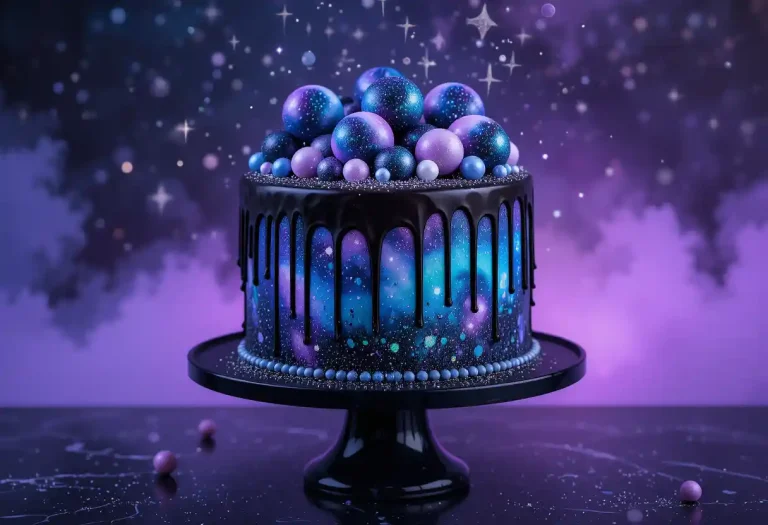 A vibrant Galaxy Drip Cake featuring deep blue, purple, and black marbled buttercream, with a shiny dark chocolate drip, edible glitter, and galaxy-themed toppings like macarons and sugar stars, displayed on a black cake stand with a starry cosmic background.