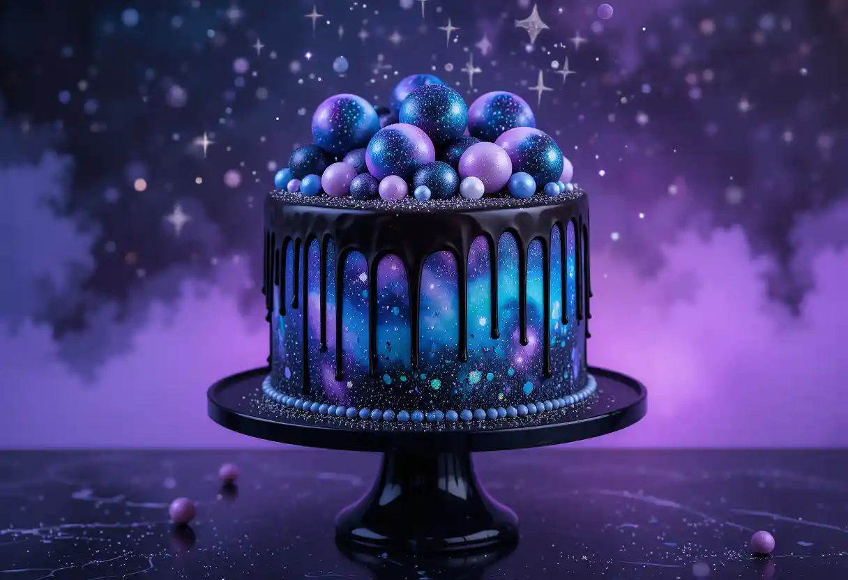 A vibrant Galaxy Drip Cake featuring deep blue, purple, and black marbled buttercream, with a shiny dark chocolate drip, edible glitter, and galaxy-themed toppings like macarons and sugar stars, displayed on a black cake stand with a starry cosmic background.