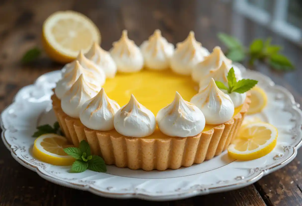 A stunning Lemon Meringue Tart with a golden, flaky crust, vibrant lemon curd filling, and perfectly toasted meringue peaks, garnished with fresh lemon slices and mint, set on a rustic wooden table with soft, natural lighting for an elegant, inviting look.