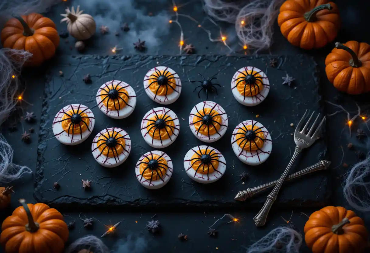 Halloween-themed deviled eggs with cracked spiderweb-patterned egg whites in shades of black and purple, filled with creamy orange yolk and topped with black olive spiders, arranged on a dark slate tray surrounded by mini pumpkins, cobwebs, dry ice fog, and moody lighting.