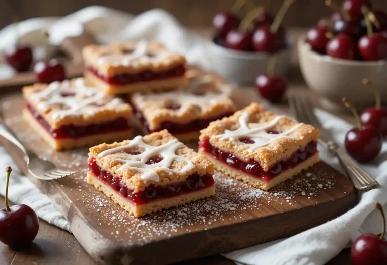 "Cherry Pie Bars with golden crust and vibrant cherry filling, drizzled with vanilla glaze and arranged on a rustic wooden tray, surrounded by fresh cherries and a vintage fork, styled with soft natural lighting."