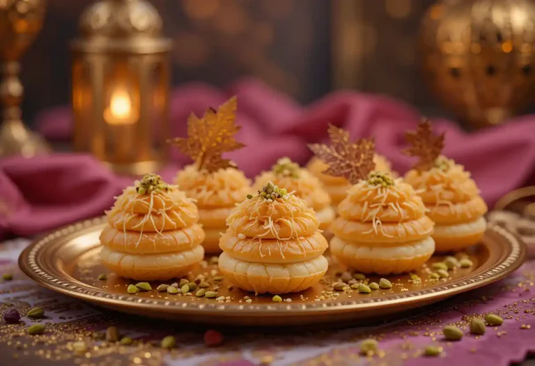 Mini Kunafa Cream Puffs arranged on a golden tray, topped with crispy kataifi pastry, drizzled with syrup, and garnished with crushed pistachios and gold leaf, set against a warm, festive Middle Eastern backdrop.
