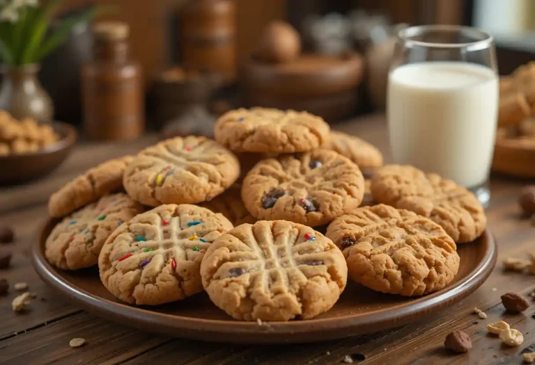 "Assortment of childhood favorite cookies including chocolate chip, sugar cookies with sprinkles, peanut butter cookies with a crisscross pattern, and oatmeal raisin cookies, arranged on a rustic wooden table with a glass of milk and cozy kitchen background."