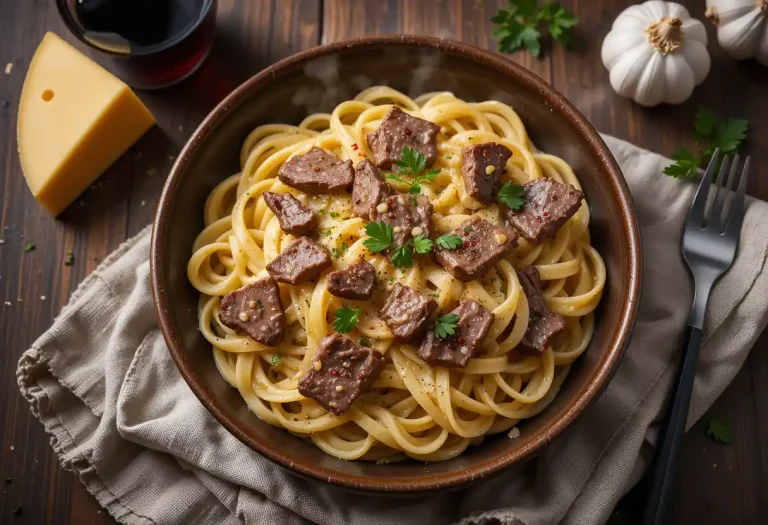 A bowl of creamy garlic beef pasta with seared beef slices, coated in rich garlic cream sauce, topped with fresh parsley and parmesan, styled on a rustic wooden table with garlic, herbs, and a glass of red wine.