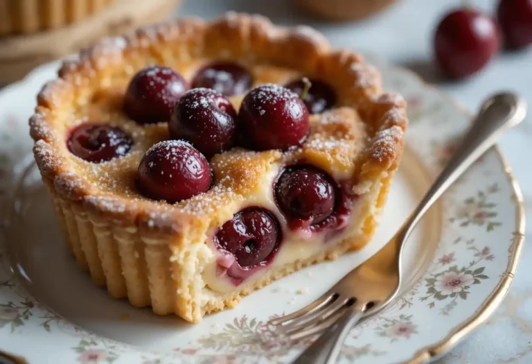Alt Text: "Close-up of a freshly baked Cherry Clafoutis with golden-brown edges, topped with vibrant cherries and a creamy custard filling. The dessert is served on an elegant porcelain plate, dusted with powdered sugar, and surrounded by soft lighting for a sophisticated, indulgent look."