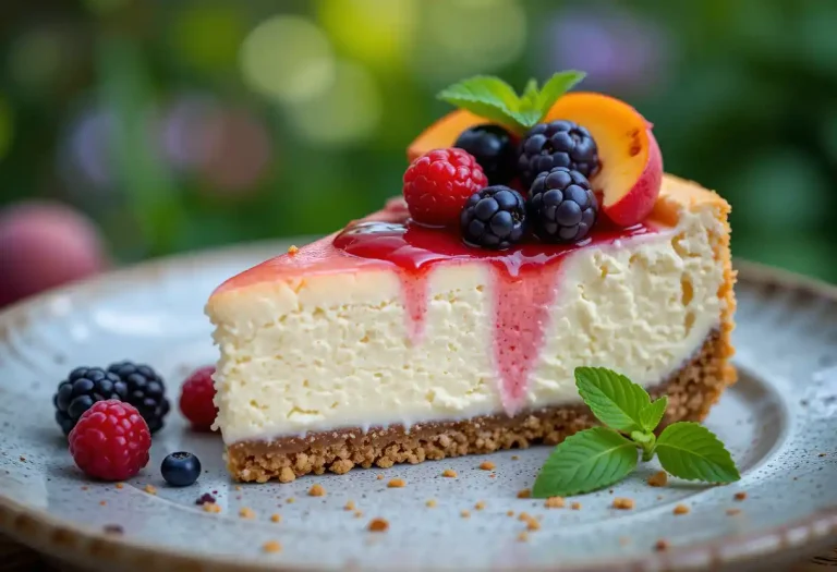 “A slice of berry peach cheesecake topped with fresh raspberries, blueberries, and peach slices, garnished with mint leaves on a rustic ceramic plate, showcasing a golden graham cracker crust and creamy filling, styled with natural light in a soft summer setting.”
