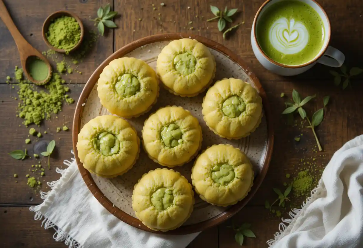 "Freshly baked green tea mochi cookies with gooey matcha filling on a rustic wooden table, surrounded by matcha powder, tea leaves, and a cup of matcha latte – styled in a minimalistic Japanese aesthetic for a gourmet dessert presentation."