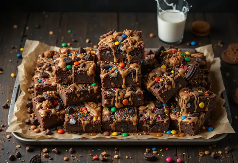 "Thick, fudgy Loaded Chaos Brownies stacked on a parchment-lined tray, topped with melted chocolate, crushed Oreos, colorful sprinkles, caramel drizzle, and candy pieces, styled in a messy, indulgent, and vibrant presentation."