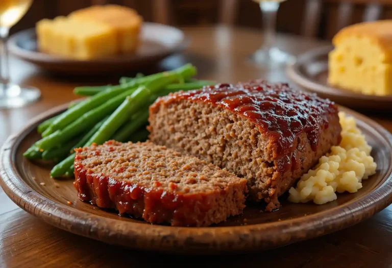 "A comforting plate of Cracker Barrel Meatloaf with a glossy caramelized glaze, served alongside creamy mashed potatoes, steamed green beans, and cornbread. The warm, rustic setting emphasizes the homestyle appeal of this hearty, savory dish."