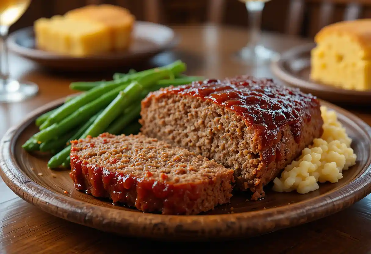 "A comforting plate of Cracker Barrel Meatloaf with a glossy caramelized glaze, served alongside creamy mashed potatoes, steamed green beans, and cornbread. The warm, rustic setting emphasizes the homestyle appeal of this hearty, savory dish."
