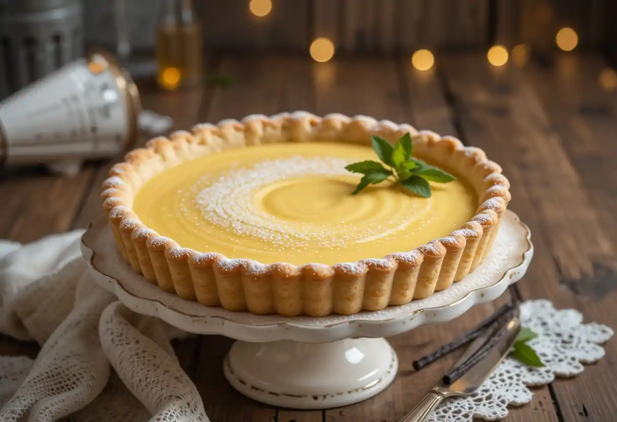 Classic vanilla custard pie on a vintage cake stand with a golden, silky custard filling and flaky crimped crust, lightly dusted with powdered sugar and garnished with vanilla beans and mint, set on a rustic wooden table with soft, warm lighting.