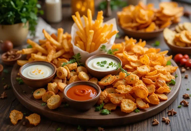 "Delicious array of air fryer snacks including crispy French fries, golden onion rings, cheesy mozzarella sticks, sweet potato chips, and fresh veggie chips, elegantly arranged on a wooden platter with dipping sauces and fresh herbs."
