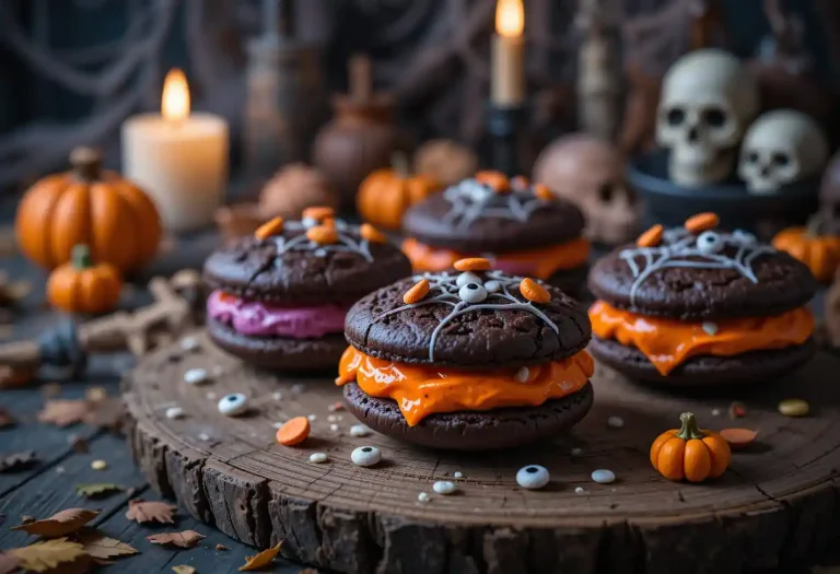 Close-up of Halloween-themed Whoopie Pies with rich chocolate cookies and bright orange buttercream filling, decorated with candy eyes, spider webs, and mini fondant pumpkins, set against a moody Halloween backdrop with pumpkins, cobwebs, and flickering candlelight.