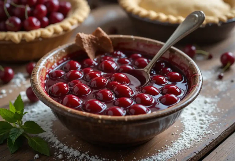 A close-up of homemade cherry pie filling with plump, juicy cherries in a glossy, syrupy mixture. The filling is served in a rustic bowl, surrounded by a warm kitchen setting with soft natural lighting and freshly baked pie crusts.