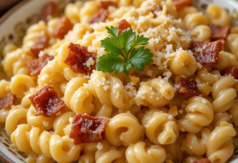 "Close-up of a bowl of Cheesy Bacon Cavatappi Pasta with creamy cheese sauce, crispy bacon, and fresh parsley garnish."