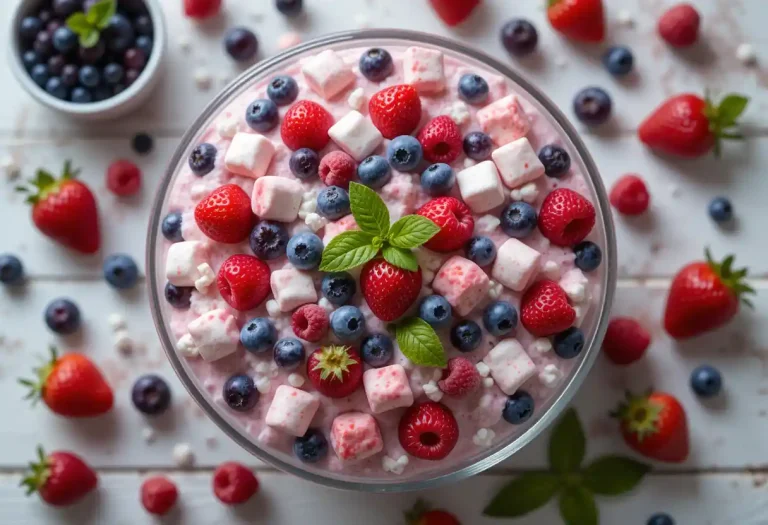 "Very Berry Fluffy Salad in a glass bowl with whipped cream, mini marshmallows, strawberries, blueberries, and raspberries, garnished with fresh mint leaves, perfect for summer desserts or party treats."