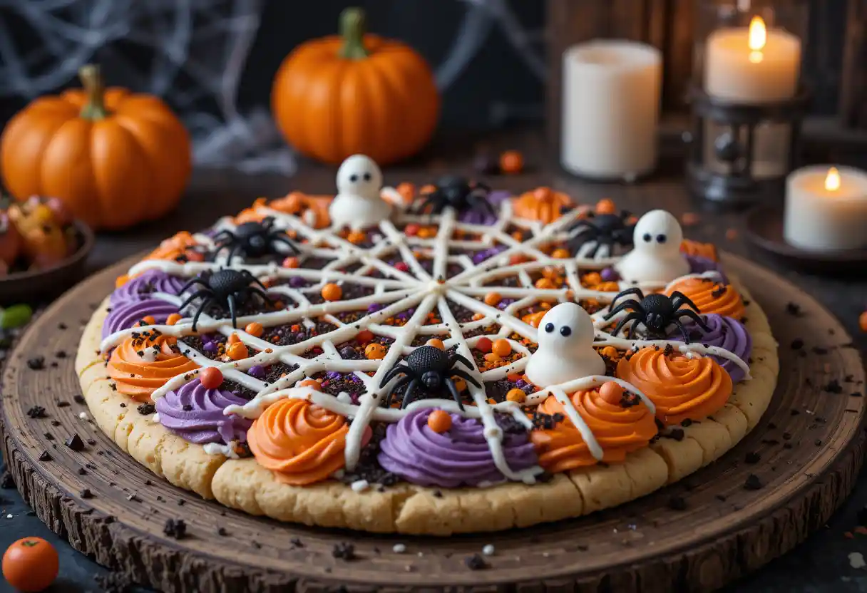 Halloween-themed dessert pizza with a sugar cookie crust, orange and purple frosting, candy eyeballs, gummy worms, crushed Oreos, and spiderweb chocolate drizzle, styled with spooky decorations like pumpkins and cobwebs in the background.
