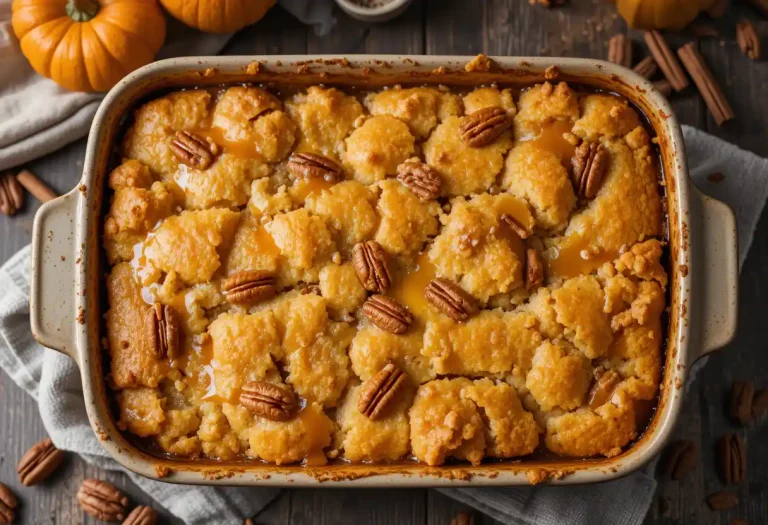 Freshly baked caramel pumpkin cobbler topped with golden brown crust and toasted pecans, drizzled with rich caramel sauce, served in a rustic baking dish with fall-themed decor in the background.