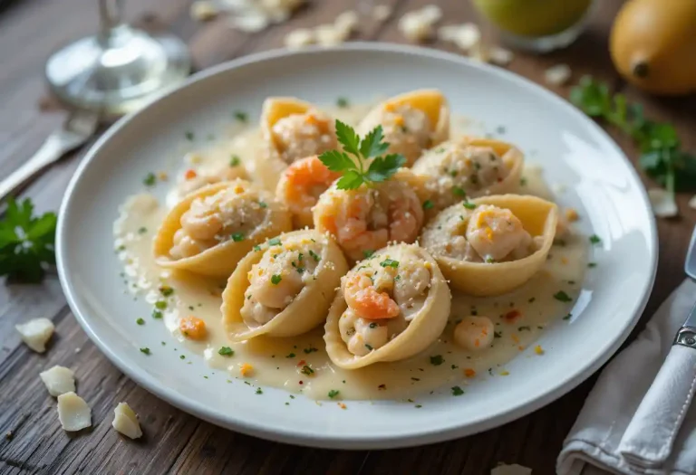 "Luxurious creamy seafood stuffed shells filled with shrimp, crab, and scallops, baked in a rich white sauce, topped with melted mozzarella and parmesan cheese, garnished with parsley and lemon zest, served on a rustic wooden table."