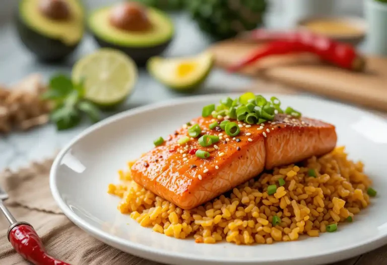 "A beautifully plated dish of crispy rice topped with spicy salmon fillets, garnished with green onions, sesame seeds, and spicy mayo, with avocado slices and lime wedges on the side."