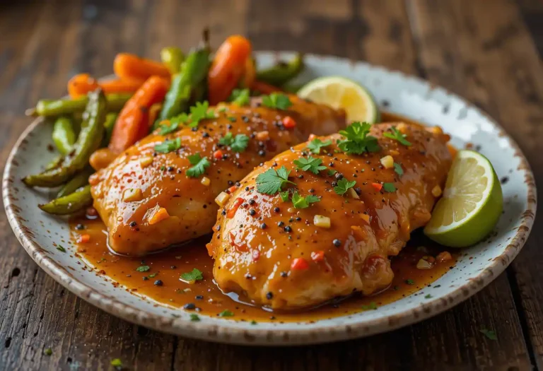 "Succulent Sweet and Spicy Honey Pepper Chicken glazed in a golden honey sauce, garnished with black pepper, cilantro, and lime, served with roasted vegetables on a rustic wooden table."