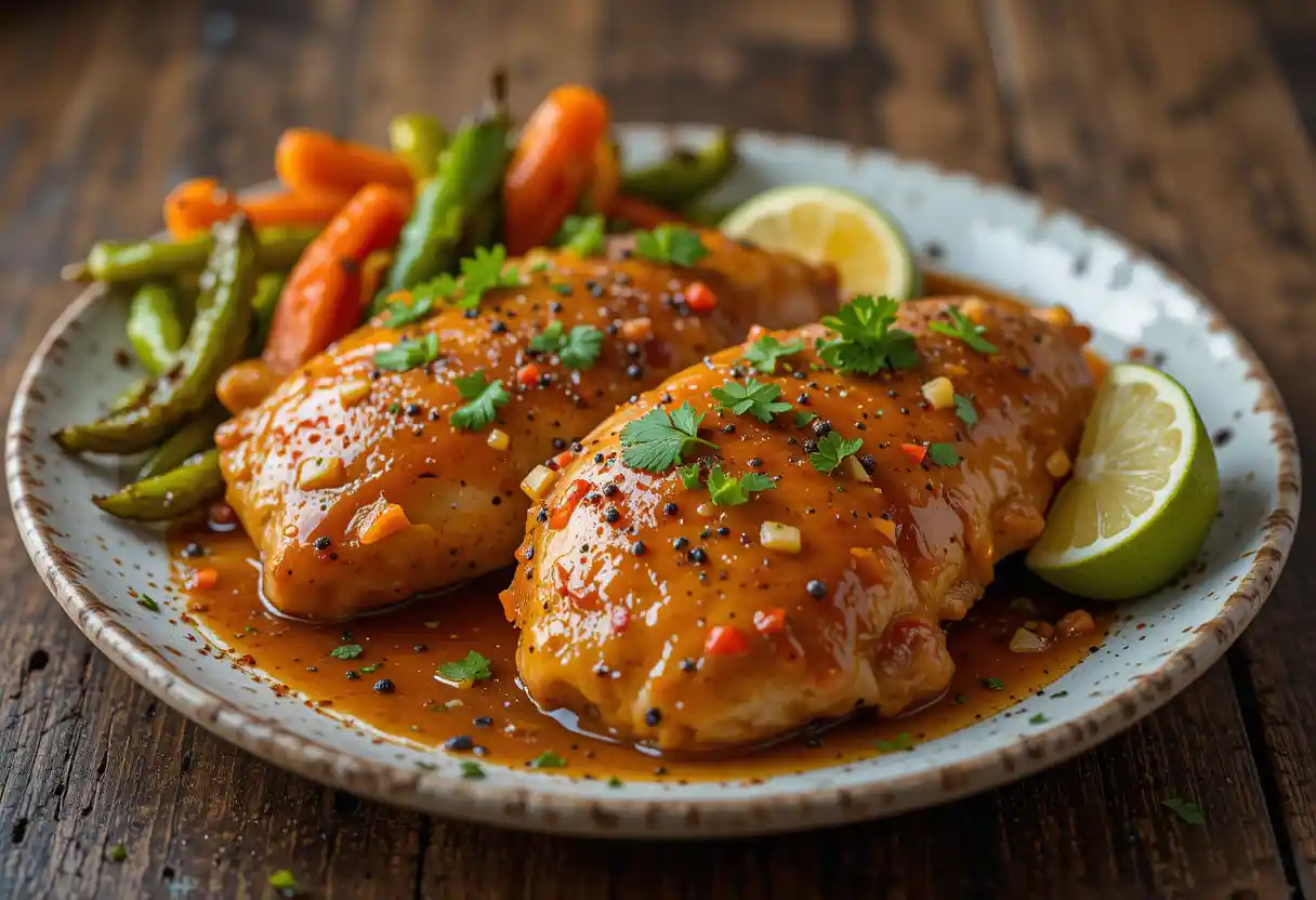 "Succulent Sweet and Spicy Honey Pepper Chicken glazed in a golden honey sauce, garnished with black pepper, cilantro, and lime, served with roasted vegetables on a rustic wooden table."