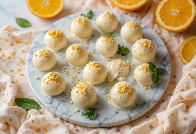 "A luxurious display of no-bake orange creamsicle truffles coated in white chocolate with orange accents, elegantly arranged on a marble platter with fresh orange zest and mint leaves, styled for gourmet presentation."