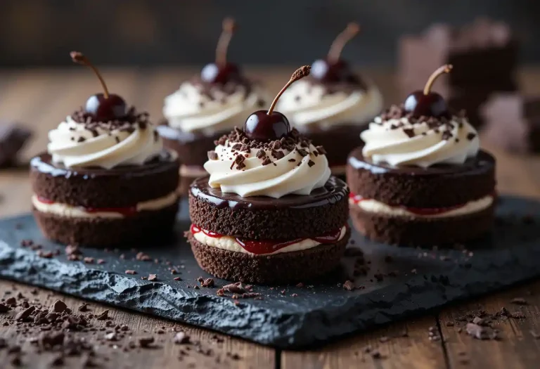 Individual Black Forest mini cakes with layers of chocolate sponge, cherry filling, and whipped cream, each topped with a dark cherry and chocolate shavings, beautifully arranged on a slate platter with a rustic background.