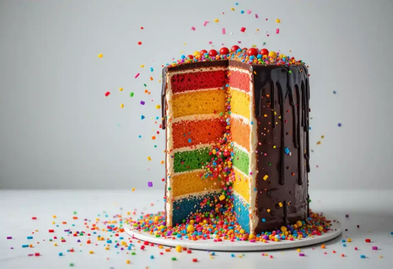 Alt Text: "Vibrant Rainbow Explosion Cake with six colorful layers, topped with chocolate ganache, sprinkles, and edible glitter, with an explosion of candies and confetti spilling out from the center."