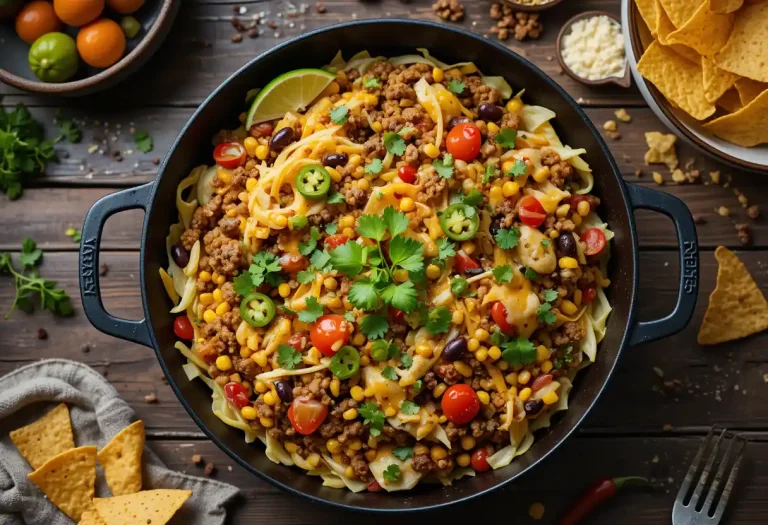 Top-down view of a vibrant Tex Mex cabbage skillet with colorful vegetables, seasoned ground beef, melted cheese, and garnishes like cilantro and jalapeños, served in a rustic skillet on a wooden table.