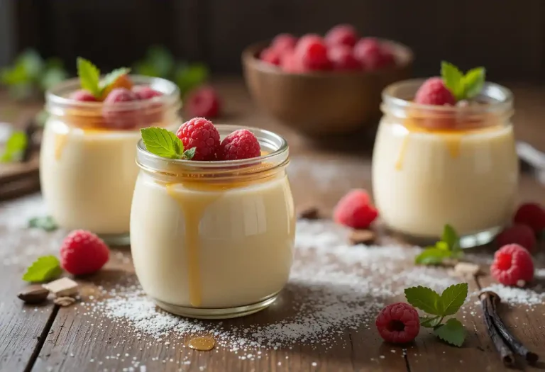 A luxurious Vanilla Panna Cotta with a smooth, silky texture, topped with golden vanilla syrup, fresh raspberries, mint leaves, and a dusting of powdered sugar. The dessert is elegantly presented in glass jars on a rustic wooden table with soft natural lighting, creating a warm, inviting atmosphere.