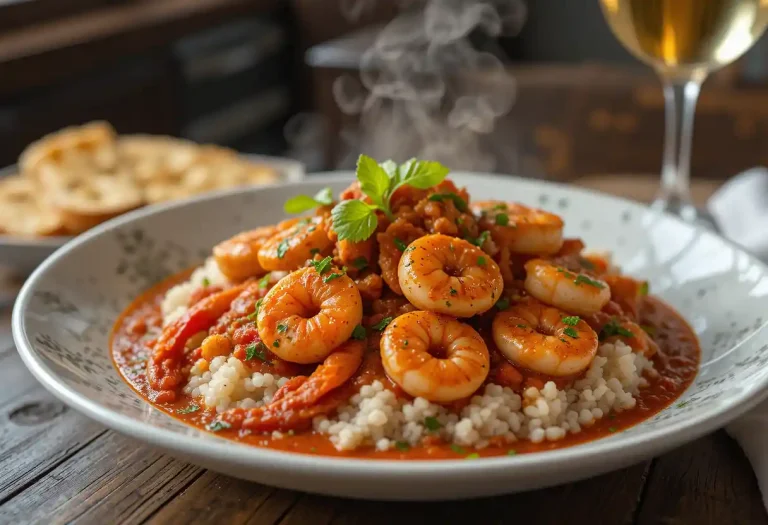 "Seafood Creole dish with shrimp, crab, and scallops in a rich tomato-based sauce served over white rice, garnished with parsley and bell peppers, with crusty bread and white wine on a rustic wooden table."