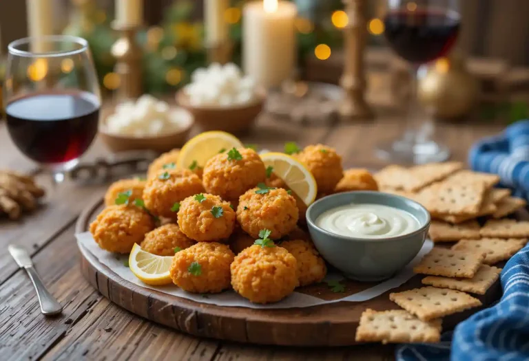 Golden, crispy Passover chicken nuggets served on a rustic wooden platter with fresh parsley, lemon slices, and matzo crackers, accompanied by garlic aioli dip and a glass of red wine, styled for a festive Passover table setting.