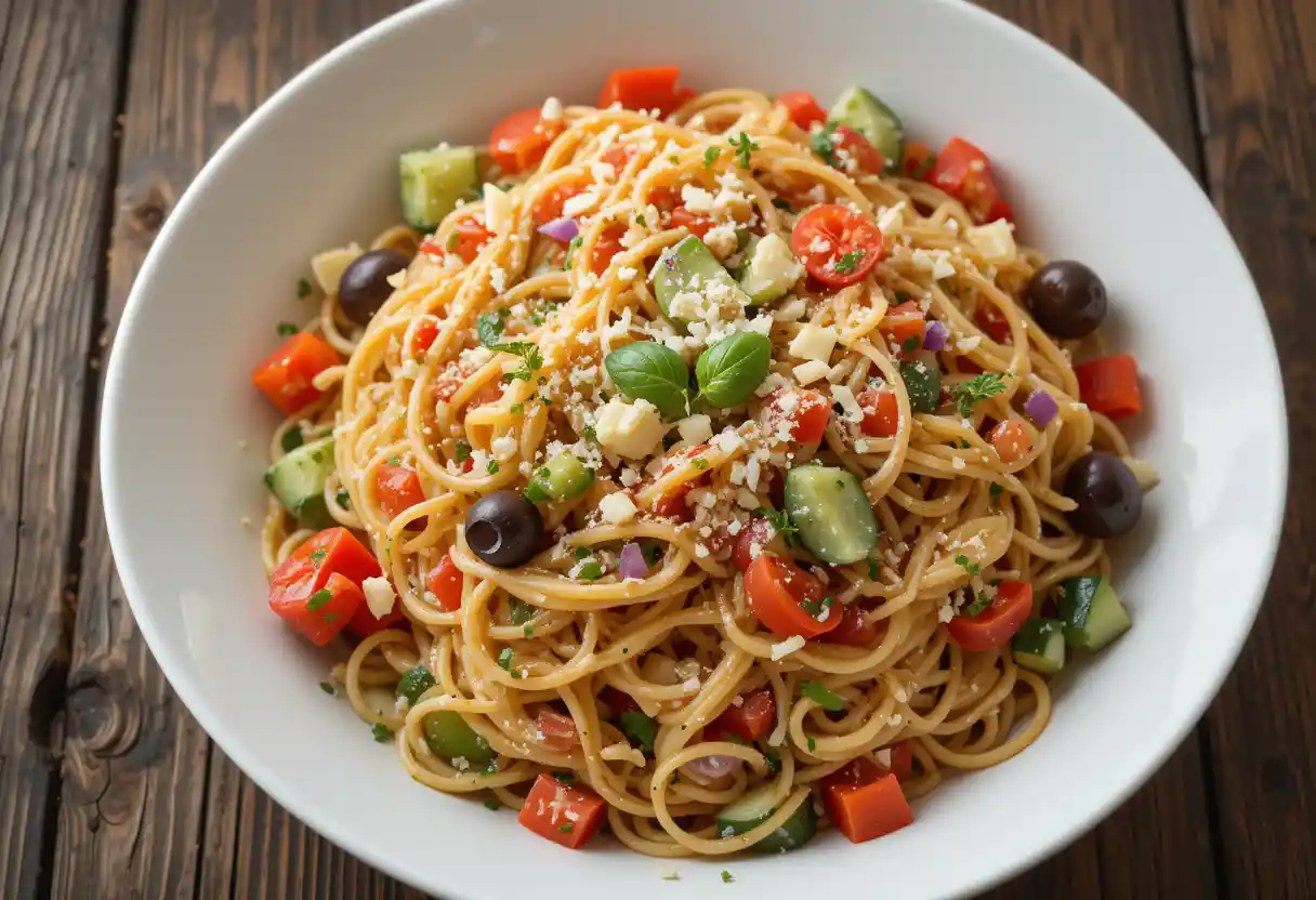"A vibrant California Spaghetti Salad with spaghetti pasta, diced red bell peppers, cherry tomatoes, cucumbers, red onions, and shredded cheddar cheese, topped with fresh herbs and a creamy dressing, served in a white bowl on a rustic wooden table."