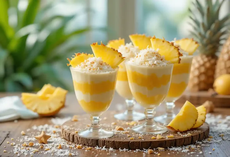 "Luxurious creamy pineapple coconut dessert served in elegant glass cups, garnished with toasted coconut flakes and fresh pineapple slices, placed on a rustic wooden table with soft natural lighting and tropical decor."