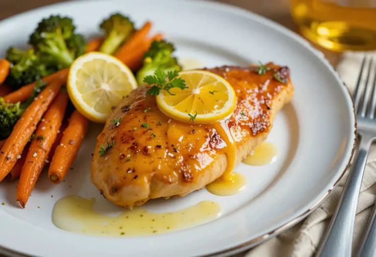 "A beautifully plated dish of golden, crispy honey lemon chicken glazed with a bright lemon sauce, garnished with fresh herbs, lemon slices, and served with roasted vegetables like broccoli and baby carrots on the side."