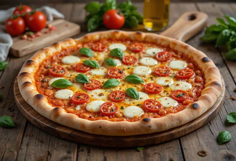 A freshly baked artisan pizza with a golden, crispy crust, topped with melted mozzarella cheese, juicy red tomatoes, and fresh basil leaves, sitting on a rustic wooden pizza peel. The scene includes a rustic wooden table with scattered fresh ingredients, such as basil, tomatoes, and a bottle of olive oil, all illuminated by warm, soft lighting, creating a cozy, inviting atmosphere.