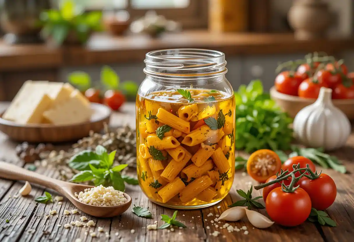 Rustic glass jar of homemade Italian pasta salad dressing surrounded by fresh herbs, garlic, Parmesan, and cherry tomatoes on a wooden table in warm Mediterranean kitchen light.