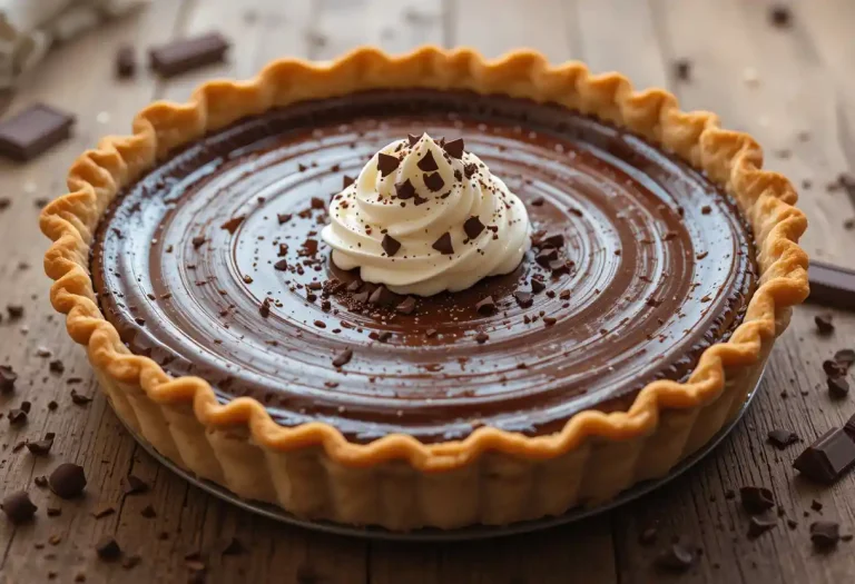 A close-up of a decadent homemade chocolate pie with a glossy, smooth filling, topped with whipped cream and chocolate shavings, set on a rustic wooden table.